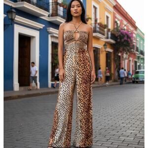 River Island Jump Suit Romper Leopard Wide Leg Halter Smocking Metallic SZ SM